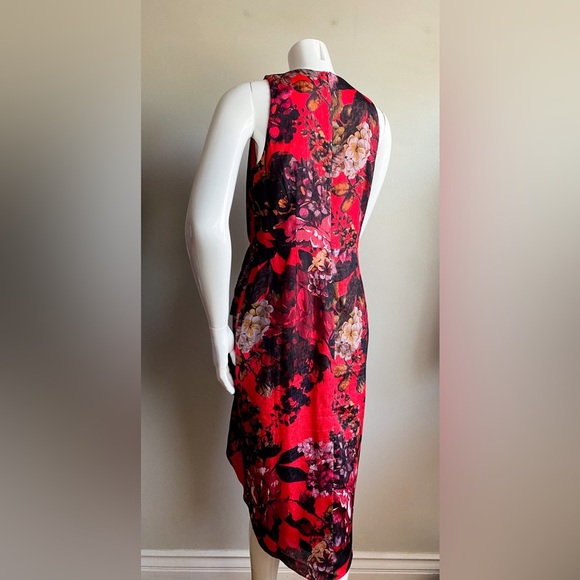 Calvin Klein Red Floral Sheath Dress Cascade Pleated Dark Romantic Wedding Midi - Picture 8 of 11